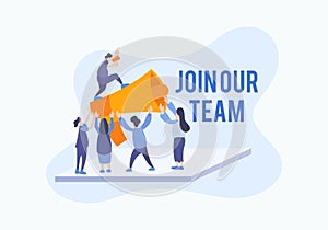 Business hiring for job worker flat illustration vector. Join our team concept with people team in creative style with big horn