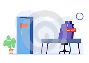 Business hiring and recruiting concept Workplace and office chair with sign vacant.