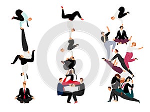 Business human pyramid. Team work success concept with miniature people, successful corporate crowd creative, vector
