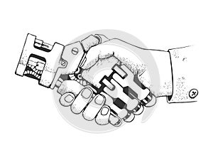 Business human and robot hands shake. Future concept Connection structure. Vector hand drawn scratch style science