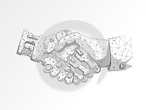 Business human and robot hands shake. Polygonal space low poly with connecting dots and lines. Future wireframe Vector