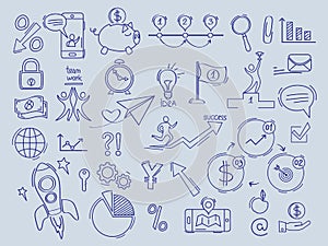 Business icon. Investment finance money in bank symbols of comerce office documents vector doodles collection