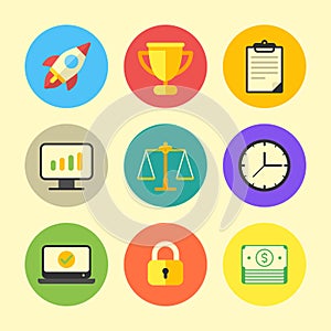 Business icon rocket cup document monitor graph scales watch laptop padlock money. Vector Illustration