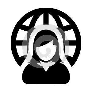 Business icon vector female person profile avatar with globe symbol for network connection