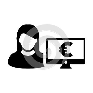 Business icon vector female user person profile avatar with computer monitor and euro sign currency money symbol for banking