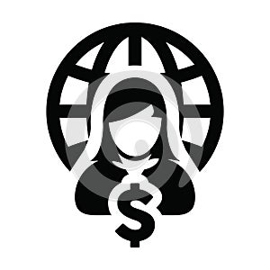 Business icon vector globe dollar sign currency money with female person profile avatar symbol for a network in a flat color glyph