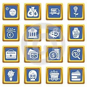 Business icons set blue square