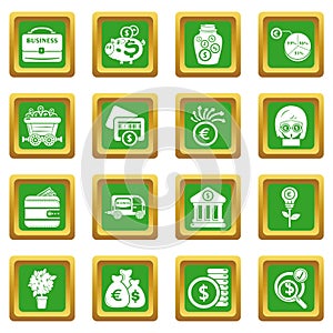 Business icons set green square vector