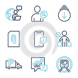 Business icons set. Included icon as Attachment, Smartphone protection, Truck parking signs. Vector