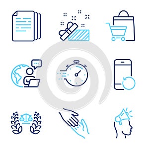 Business icons set. Included icon as Brand ambassador, Copy documents, Helping hand signs. Vector