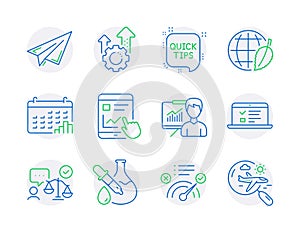 Business icons set. Included icon as Calendar graph, Quick tips, Presentation signs. Vector