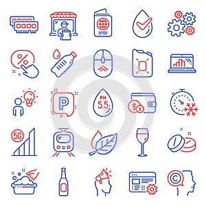 Business icons set. Included icon as Discount button, 5g wifi, Water bottle. Vector