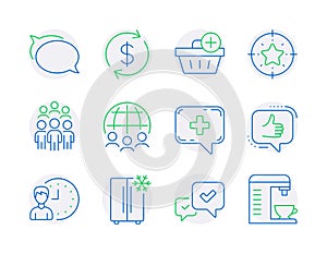 Business icons set. Included icon as Group people, Working hours, Approve signs. Vector