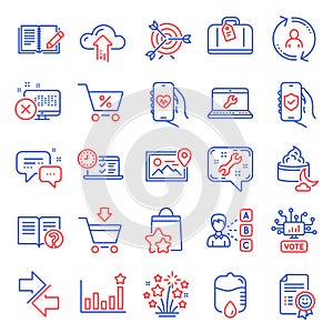 Business icons set. Included icon as Night cream, Reject access, Online voting. Vector