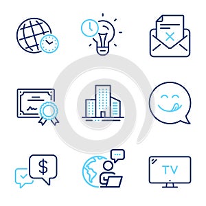 Business icons set. Included icon as Reject letter, Time zone, Payment received signs. Vector