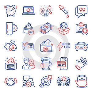 Business icons set. Included icon as Usd currency, Seo laptop, Skin cream. Vector