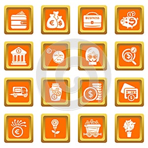 Business icons set orange square vector