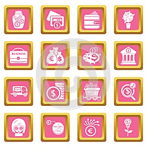 Business icons set pink square vector