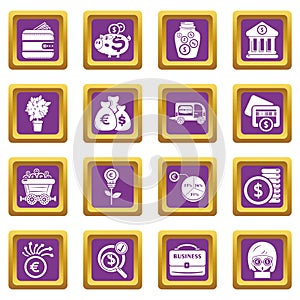 Business icons set purple square vector