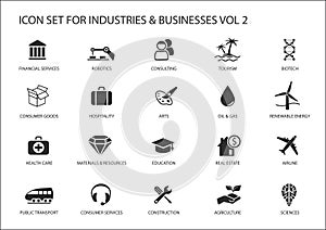 Business icons and symbols of various industries / business sectors like consulting,tourism,hospitality,agriculture