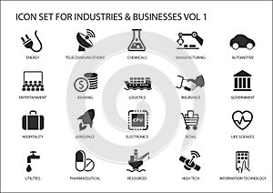 Business icons and symbols of various industries / business sectors like financial services industry, automotive, life sciences