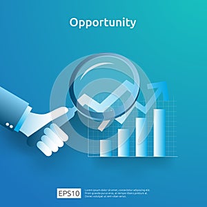 business idea analytic and opportunity research concept with increase growth graphic chart and magnifying glass on hand. Finance