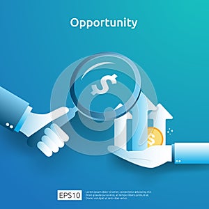 business idea analytic and opportunity research concept with increase growth graphic chart and magnifying glass on hand. Finance