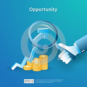 business idea analytic and opportunity research concept with increase growth graphic chart and magnifying glass on hand. Finance