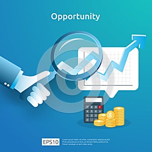 business idea analytic and opportunity research concept with increase growth graphic chart and magnifying glass on hand. Finance