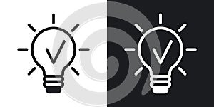 Business idea concept icon. Light bulb with a checkmark inside. Simple two-tone vector illustration on black and white