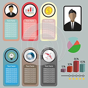 Business idea infographic with icons, persons, money and charts, flat design