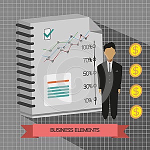 Business idea infographic with icons, persons, money, charts and papers, flat design