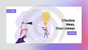 Business Idea, Innovation Vision Website Landing Page. Business Man Flying on Hot Light Bulb Air Balloon, Businesswoman