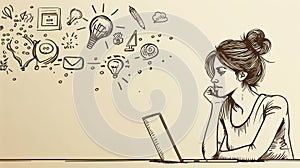 Business idea landing page in doodle style. Woman working at desk with laptop in office, developer thinking of