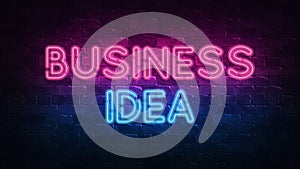 Business idea neon sign. purple and blue glow. neon text. Brick wall lit by neon lamps. Night lighting on the wall. 3d