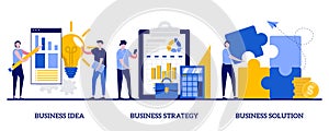 Business idea, strategy and solution concept with tiny people. Business plan abstract vector illustration set. Company achievement