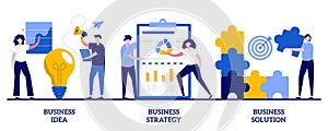 Business idea, strategy and solution concept with tiny people. Business plan abstract vector illustration set. Company achievement