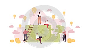 Business idea and success concept. Vector flat people illustration. Jigsaw puzzle with dollar currency sign. Team of man and woman