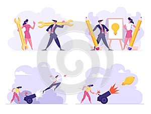 Business Idea, Technical Support, Start Up Concept Set. Woman Set on Fire Cannon with Businessman Flying Up