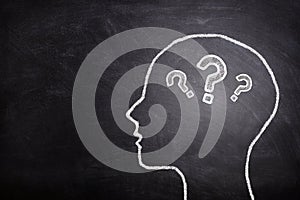 Question mark icons in brain on chalkboard.