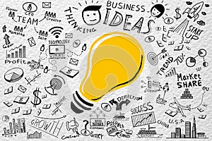 Business ideas.Freehand drawing Light bulb business doodles set,Inspiration concept modern design,Ideas workflow background. photo