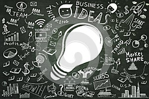 Business ideas.Freehand drawing Light bulb business doodles set