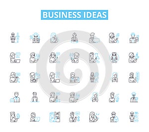 Business ideas linear icons set. Innovation, Entrepreneurship, Startups, E-commerce, Marketing, Nerking, Sales line