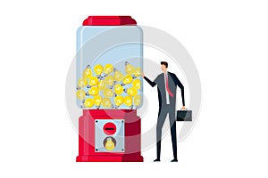 Business ideas. smart businessman with a lot of ideas standing with gumball machine with abundance of lightbulb ideas