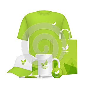 Business identity. Branding design corporate souvenirs promotional items clothing cup cap pen lighter vector realistic