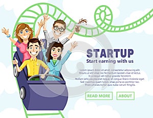 Business illustration with the company of happy people coming down from the roller coaster.