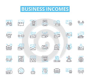 Business incomes linear icons set. Revenue, Profit, Earnings, Sales, Income, Cashflow, ROI (Return on Investment