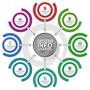 Business, industrial and technology diagram, flat design circular infographic template, web presentation, 8 options, vector photo