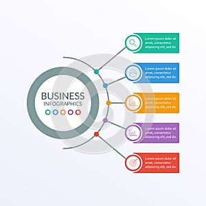 Business info graphic with 5 steps or options with circle elements. Infographic template for business process, presentation, workf