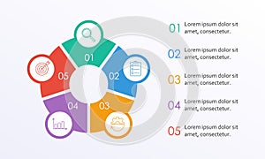 Business info graphic with 5 steps or options with circle elements. Infographic template for business process, presentation, workf